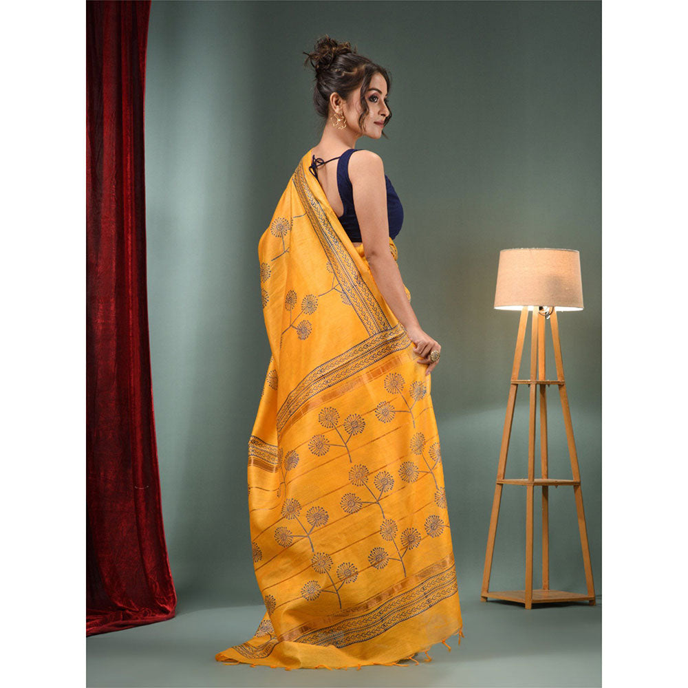 CHARUKRITI Yellow Blended Silk Handwoven Saree with Flower Designs & Unstitched Blouse