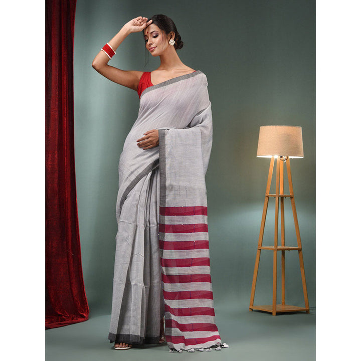 CHARUKRITI Grey Cotton Blend Handwoven Saree with Stripes Pallu & Unstitched Blouse