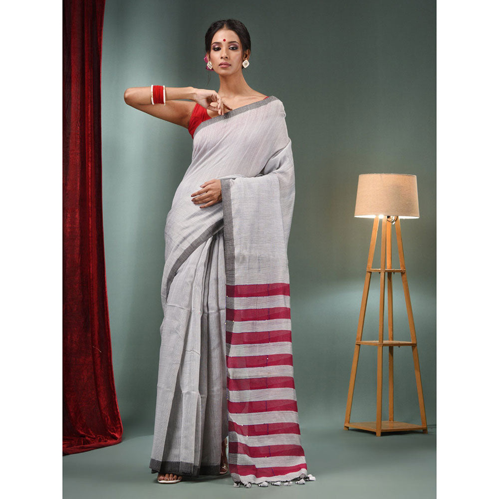 CHARUKRITI Grey Cotton Blend Handwoven Saree with Stripes Pallu & Unstitched Blouse