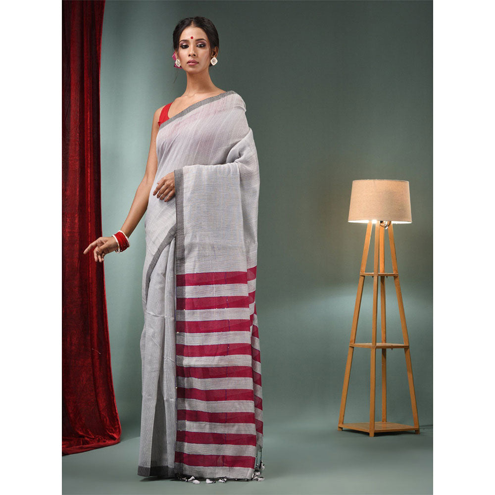 CHARUKRITI Grey Cotton Blend Handwoven Saree with Stripes Pallu & Unstitched Blouse