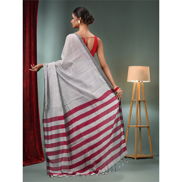 CHARUKRITI Grey Cotton Blend Handwoven Saree with Stripes Pallu & Unstitched Blouse