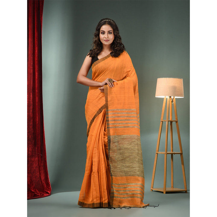 CHARUKRITI Orange Cotton Blend Handwoven Saree with Ghicha Pallu & Unstitched Blouse