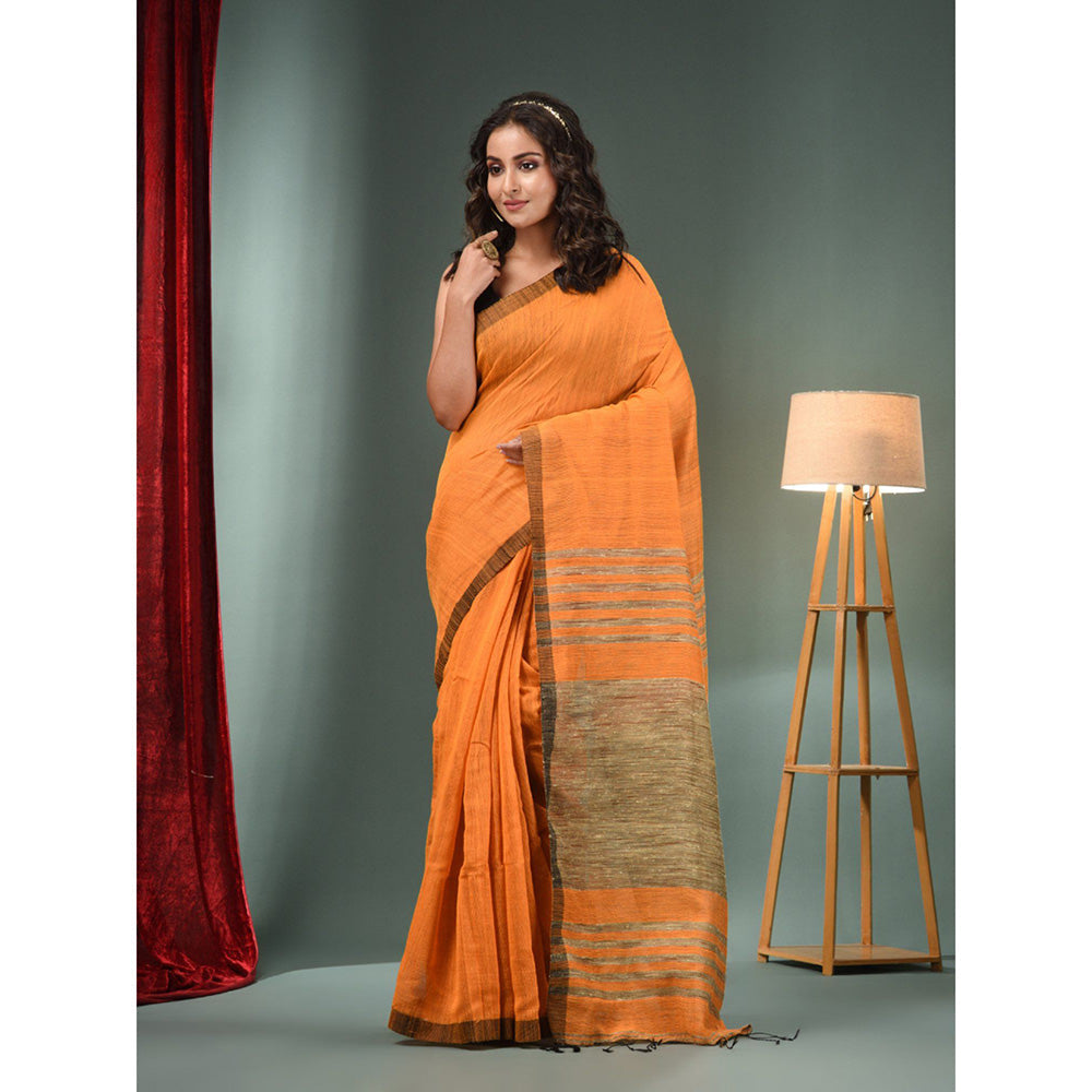 CHARUKRITI Orange Cotton Blend Handwoven Saree with Ghicha Pallu & Unstitched Blouse