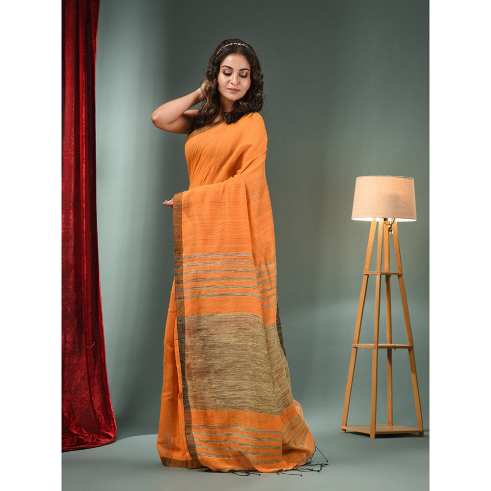 CHARUKRITI Orange Cotton Blend Handwoven Saree with Ghicha Pallu & Unstitched Blouse