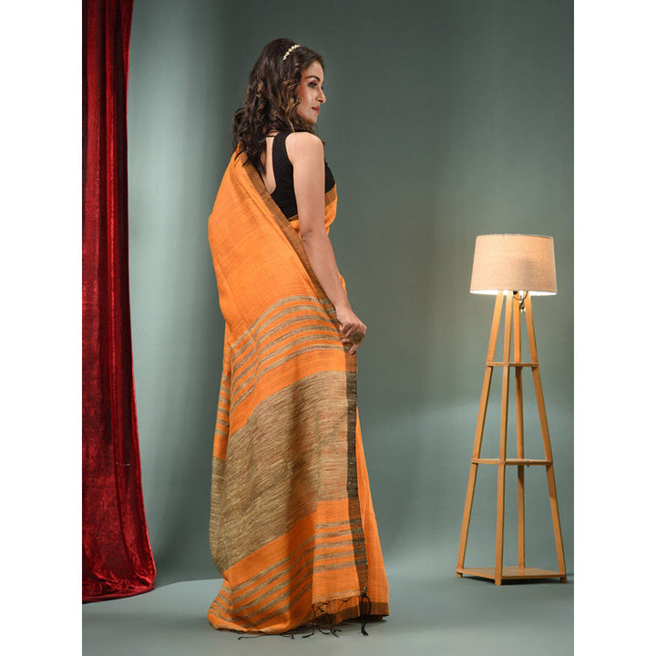 CHARUKRITI Orange Cotton Blend Handwoven Saree with Ghicha Pallu & Unstitched Blouse