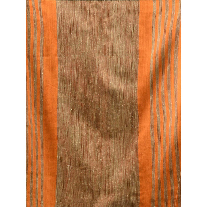 CHARUKRITI Orange Cotton Blend Handwoven Saree with Ghicha Pallu & Unstitched Blouse