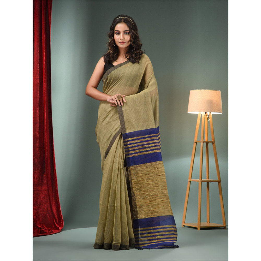 CHARUKRITI Beige Cotton Blend Handwoven Saree with Ghicha Pallu & Unstitched Blouse