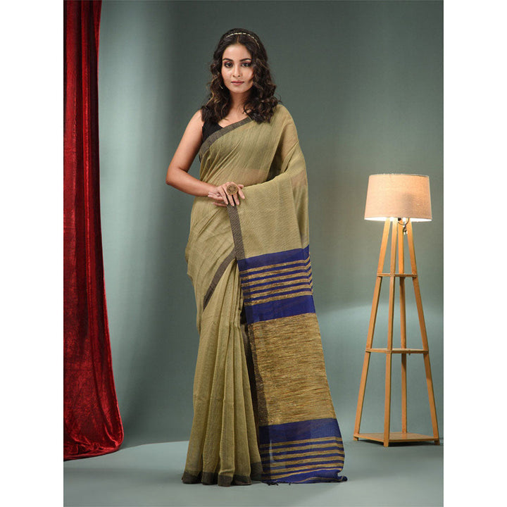 CHARUKRITI Beige Cotton Blend Handwoven Saree with Ghicha Pallu & Unstitched Blouse