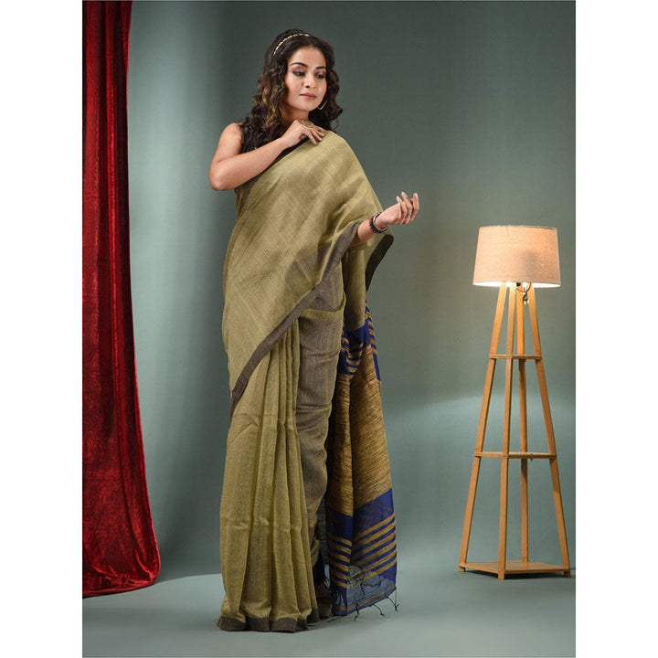 CHARUKRITI Beige Cotton Blend Handwoven Saree with Ghicha Pallu & Unstitched Blouse