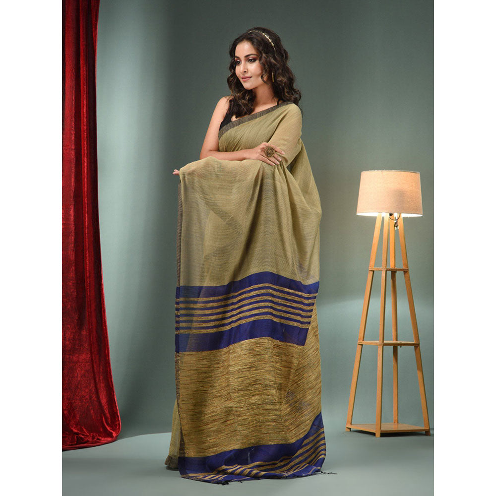 CHARUKRITI Beige Cotton Blend Handwoven Saree with Ghicha Pallu & Unstitched Blouse