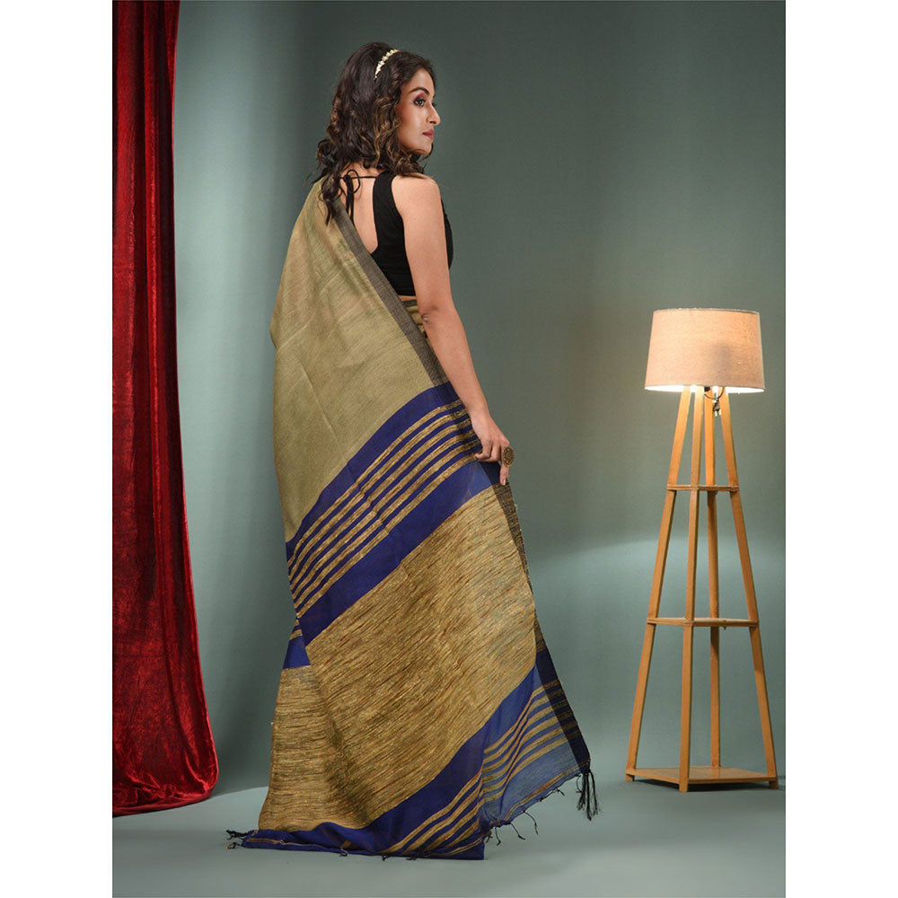 CHARUKRITI Beige Cotton Blend Handwoven Saree with Ghicha Pallu & Unstitched Blouse