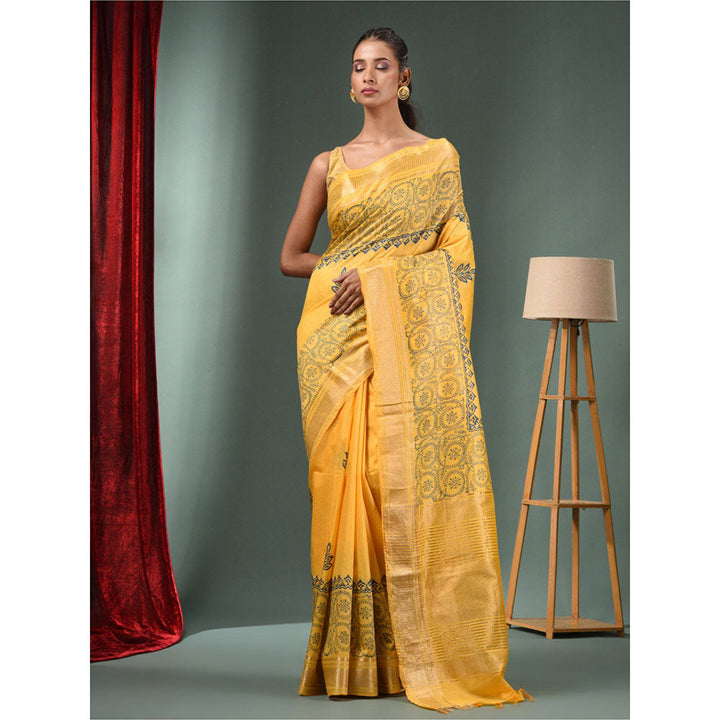 CHARUKRITI Yellow Blended Silk Handwoven Saree with Woven Zari Border & Unstitched Blouse