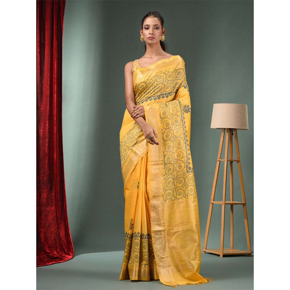 CHARUKRITI Yellow Blended Silk Handwoven Saree with Woven Zari Border & Unstitched Blouse