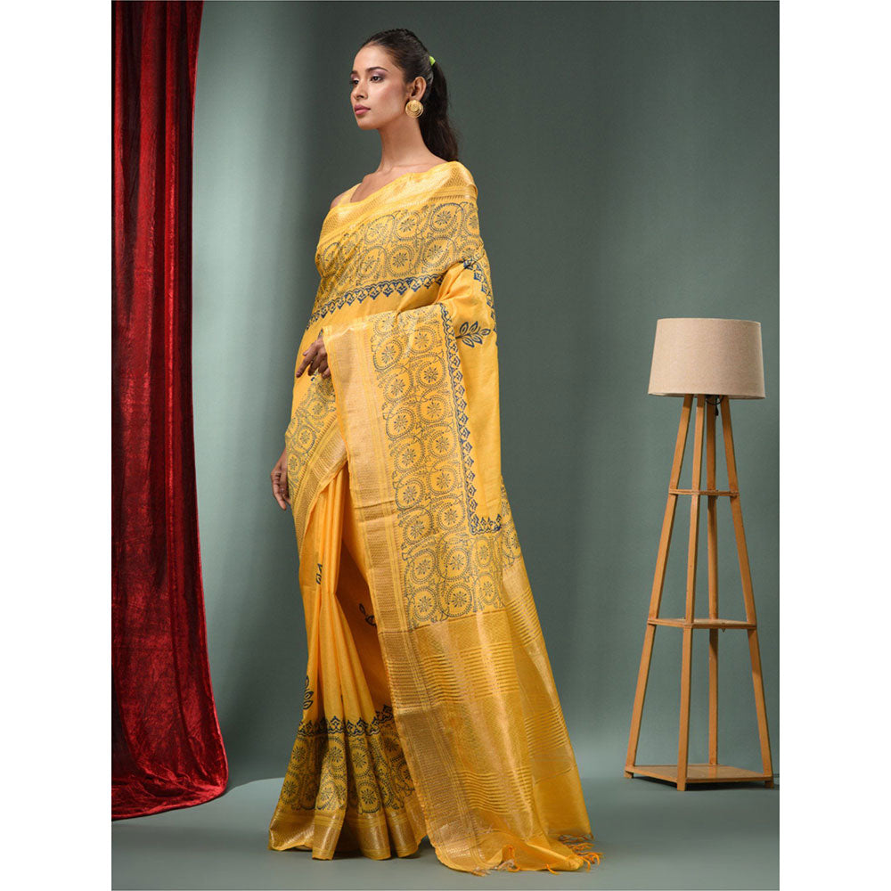 CHARUKRITI Yellow Blended Silk Handwoven Saree with Woven Zari Border & Unstitched Blouse