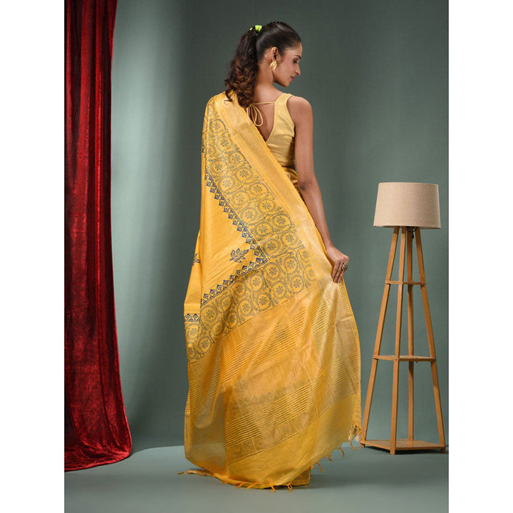 CHARUKRITI Yellow Blended Silk Handwoven Saree with Woven Zari Border & Unstitched Blouse