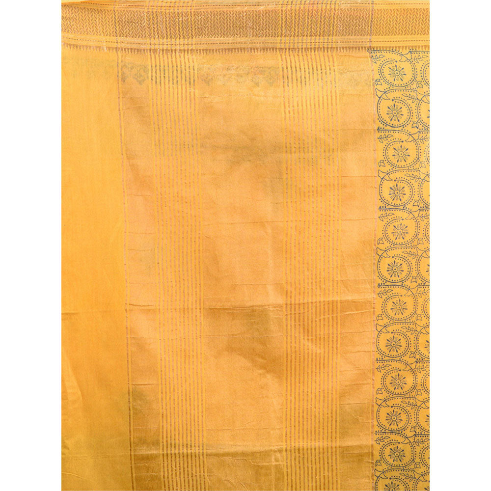 CHARUKRITI Yellow Blended Silk Handwoven Saree with Woven Zari Border & Unstitched Blouse