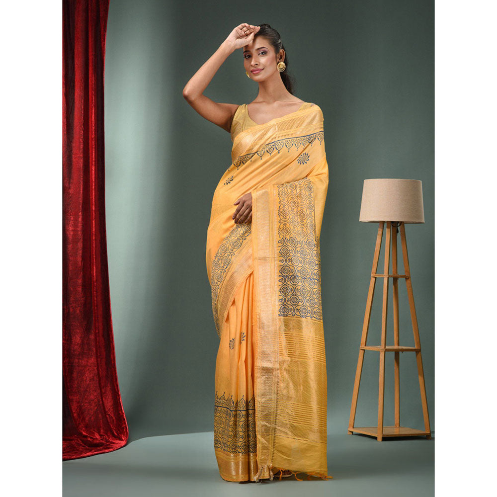 CHARUKRITI Yellow Blended Silk Handwoven Saree with Woven Zari Border & Unstitched Blouse