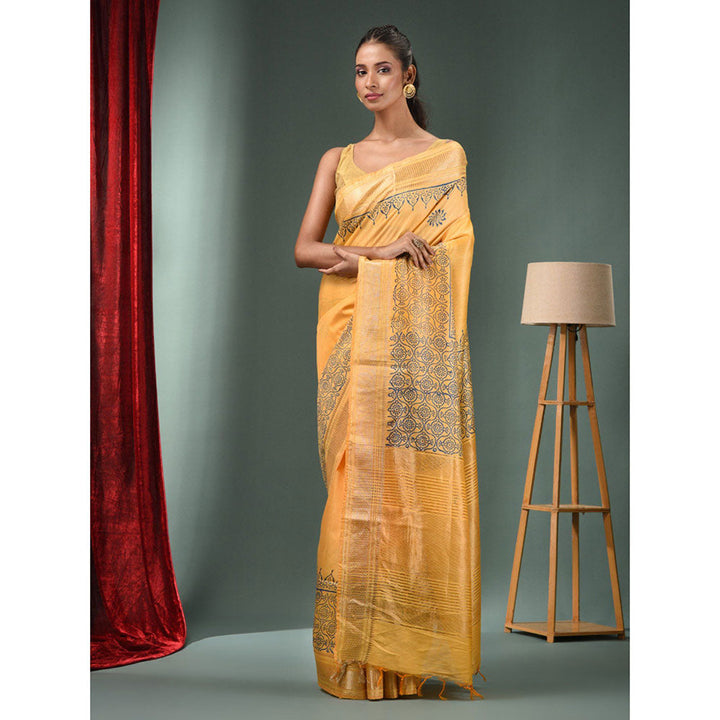 CHARUKRITI Yellow Blended Silk Handwoven Saree with Woven Zari Border & Unstitched Blouse