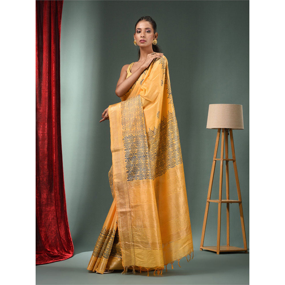 CHARUKRITI Yellow Blended Silk Handwoven Saree with Woven Zari Border & Unstitched Blouse