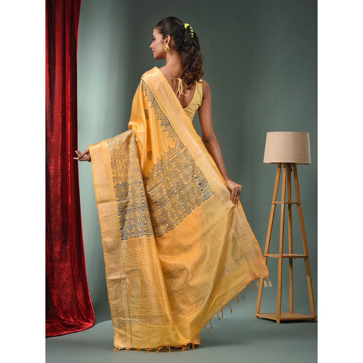 CHARUKRITI Yellow Blended Silk Handwoven Saree with Woven Zari Border & Unstitched Blouse