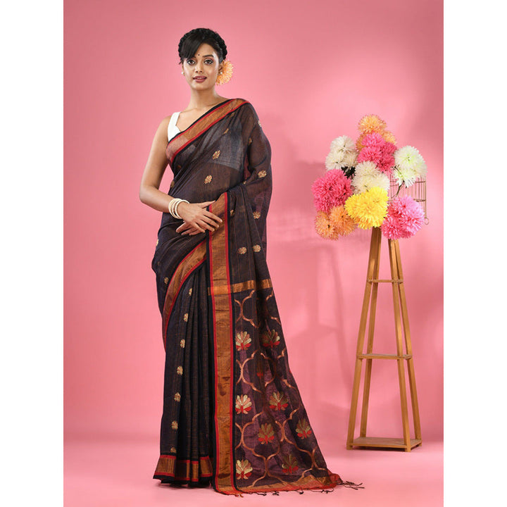 CHARUKRITI Midnight Blue Cotton Blend Handwoven Floral Motifs Saree with Unstitched Blouse