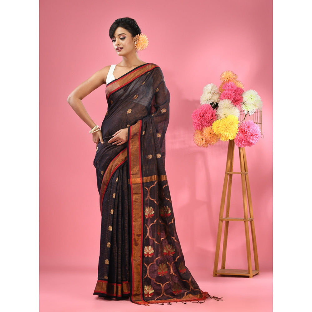 CHARUKRITI Midnight Blue Cotton Blend Handwoven Floral Motifs Saree with Unstitched Blouse