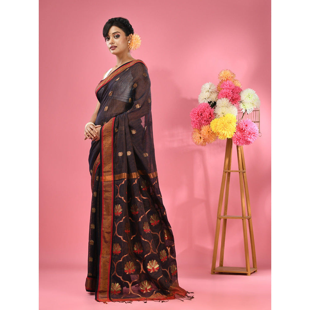 CHARUKRITI Midnight Blue Cotton Blend Handwoven Floral Motifs Saree with Unstitched Blouse