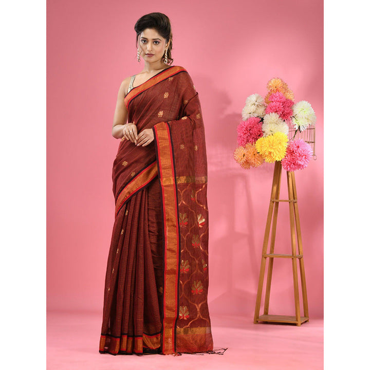 CHARUKRITI Rust Cotton Blend Handwoven Floral Motifs Saree with Unstitched Blouse