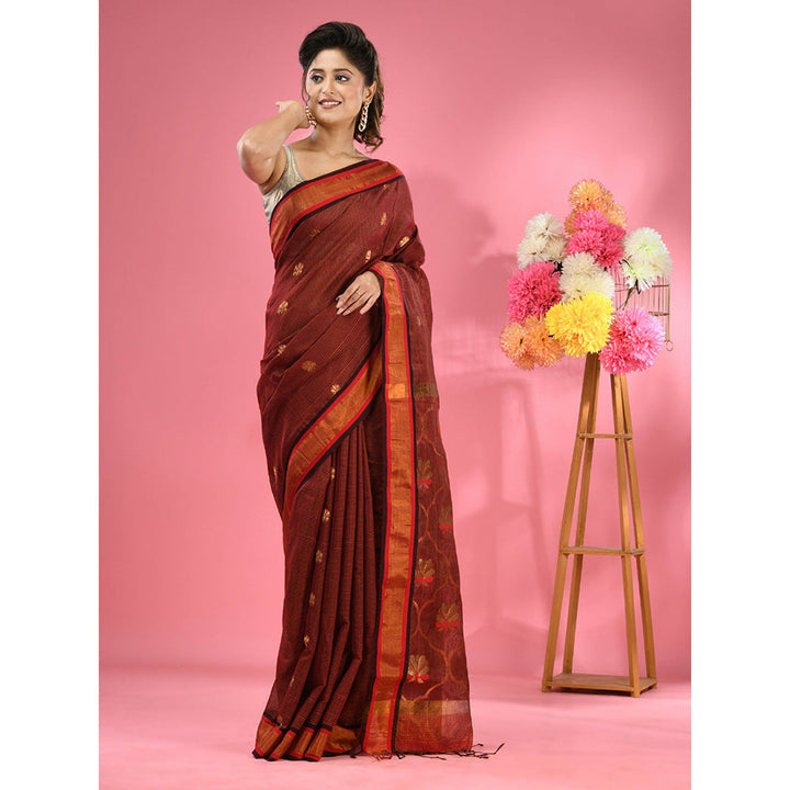 CHARUKRITI Rust Cotton Blend Handwoven Floral Motifs Saree with Unstitched Blouse