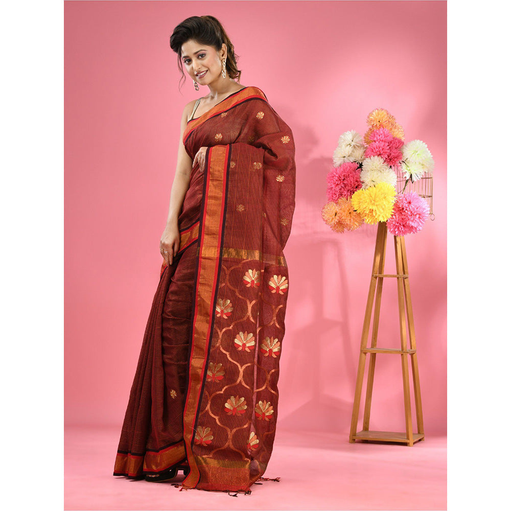 CHARUKRITI Rust Cotton Blend Handwoven Floral Motifs Saree with Unstitched Blouse