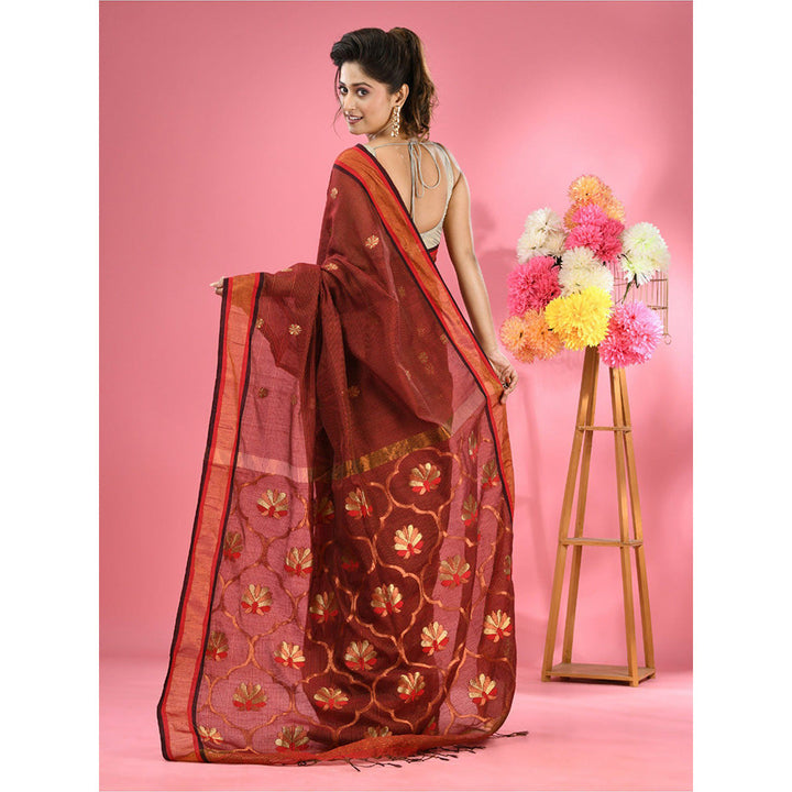 CHARUKRITI Rust Cotton Blend Handwoven Floral Motifs Saree with Unstitched Blouse