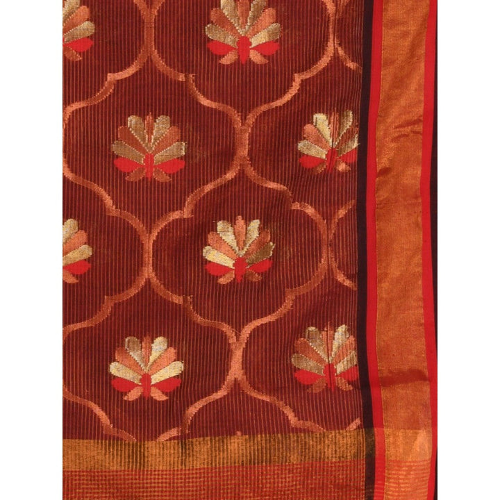 CHARUKRITI Rust Cotton Blend Handwoven Floral Motifs Saree with Unstitched Blouse