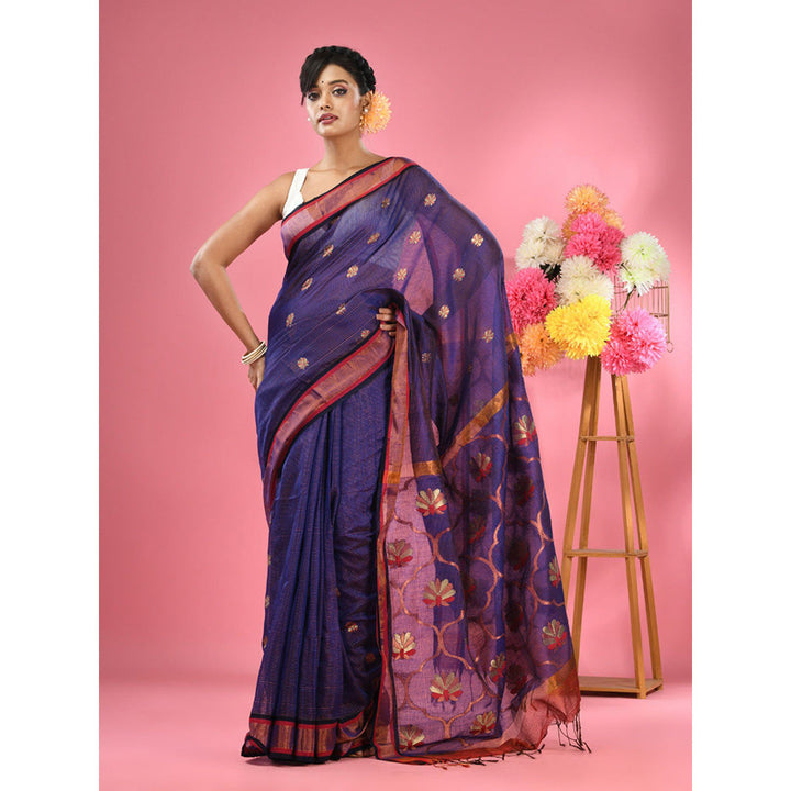 CHARUKRITI Blue Cotton Blend Handwoven Floral Motifs Saree with Unstitched Blouse