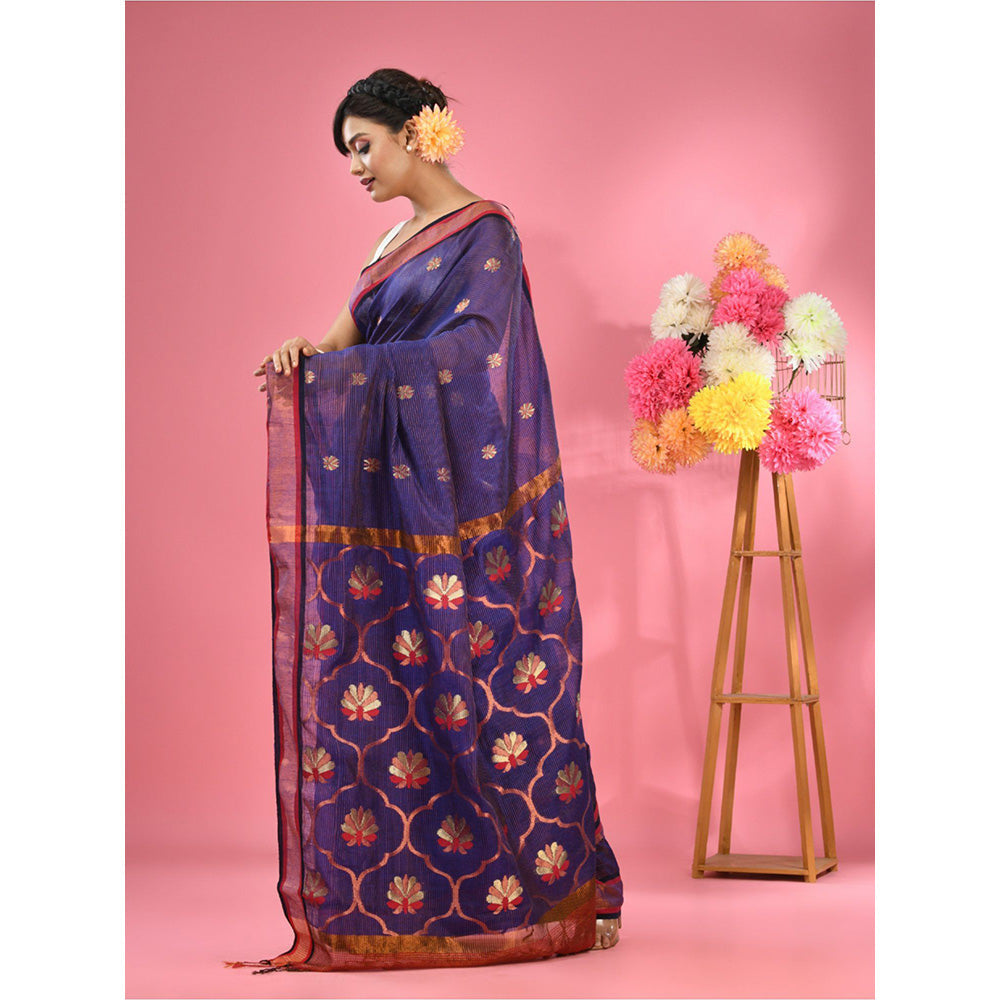 CHARUKRITI Blue Cotton Blend Handwoven Floral Motifs Saree with Unstitched Blouse