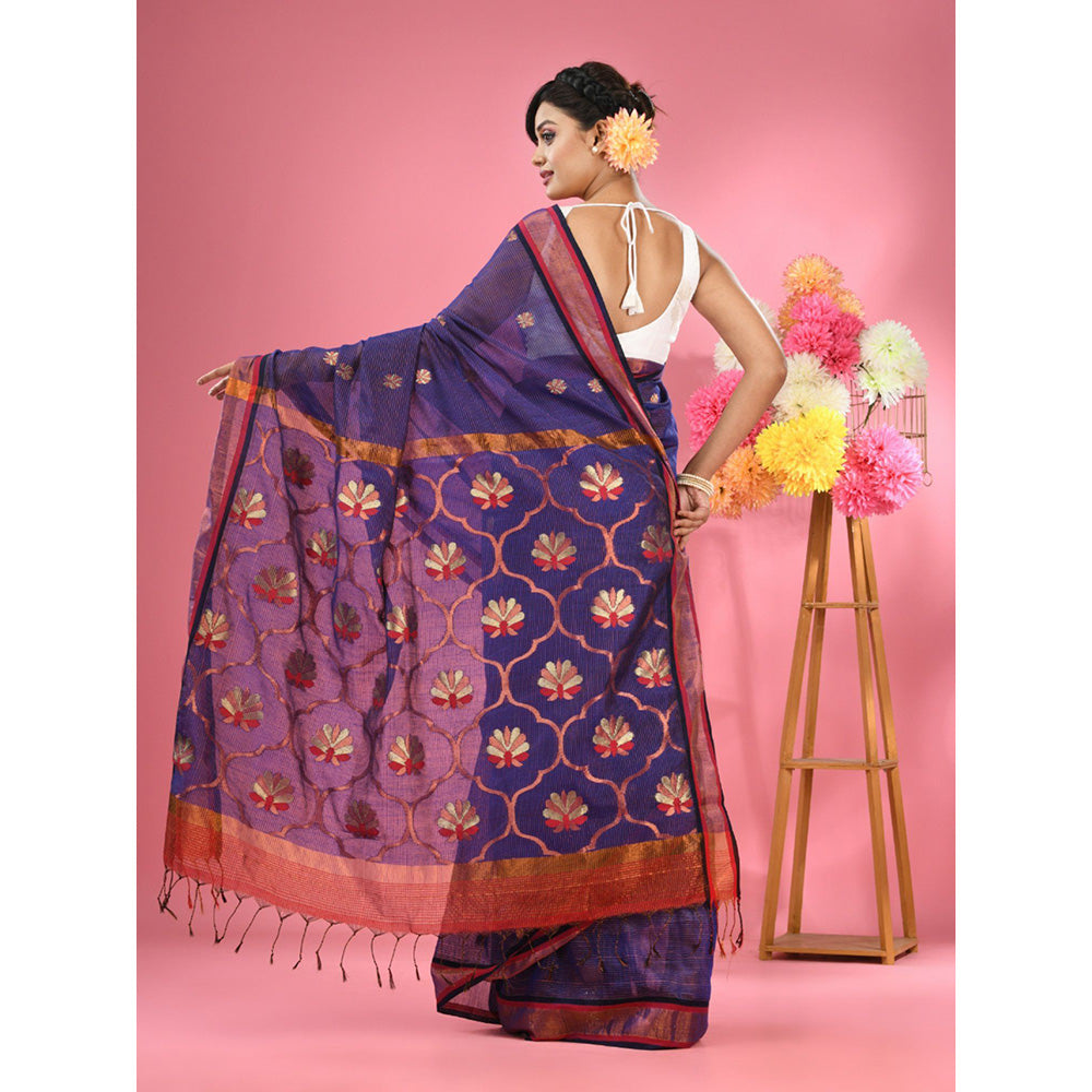 CHARUKRITI Blue Cotton Blend Handwoven Floral Motifs Saree with Unstitched Blouse