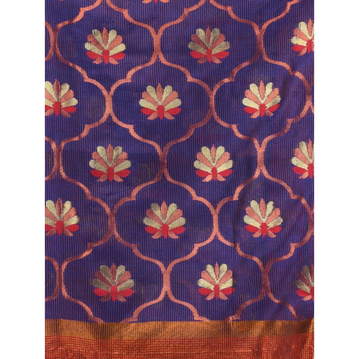 CHARUKRITI Blue Cotton Blend Handwoven Floral Motifs Saree with Unstitched Blouse