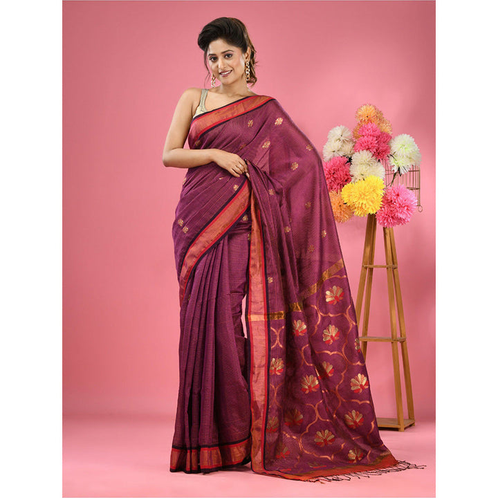 CHARUKRITI Magenta Cotton Blend Handwoven Floral Motif Saree with Unstitched Blouse