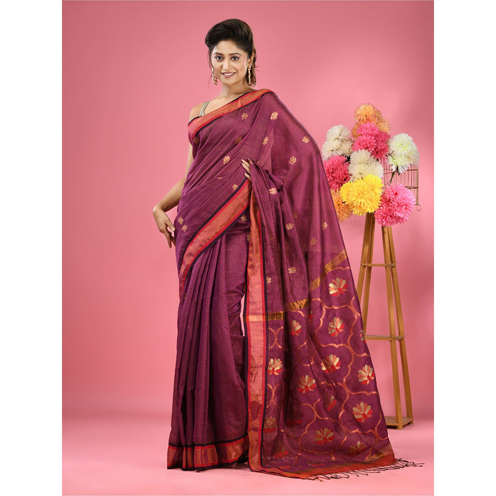 CHARUKRITI Magenta Cotton Blend Handwoven Floral Motif Saree with Unstitched Blouse