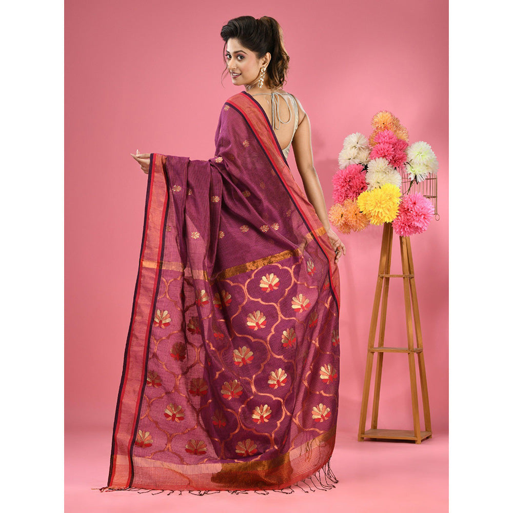 CHARUKRITI Magenta Cotton Blend Handwoven Floral Motif Saree with Unstitched Blouse