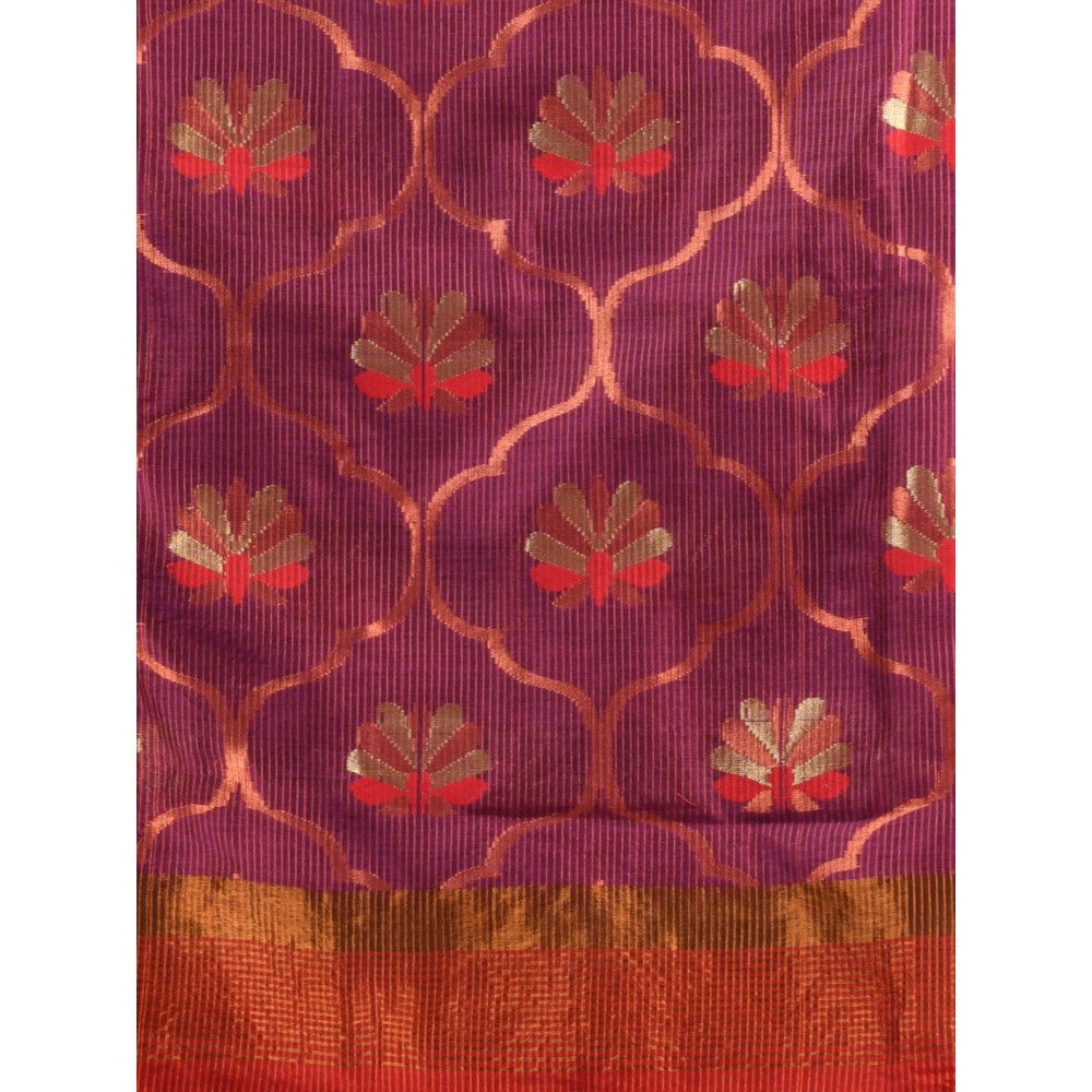 CHARUKRITI Magenta Cotton Blend Handwoven Floral Motif Saree with Unstitched Blouse