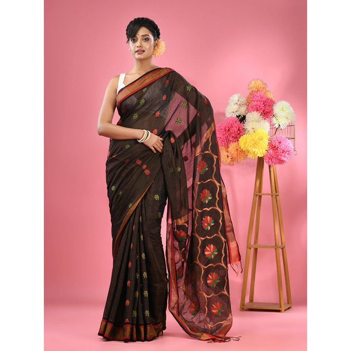 CHARUKRITI Black Cotton Blend Handwoven Floral Motif Saree with Unstitched Blouse