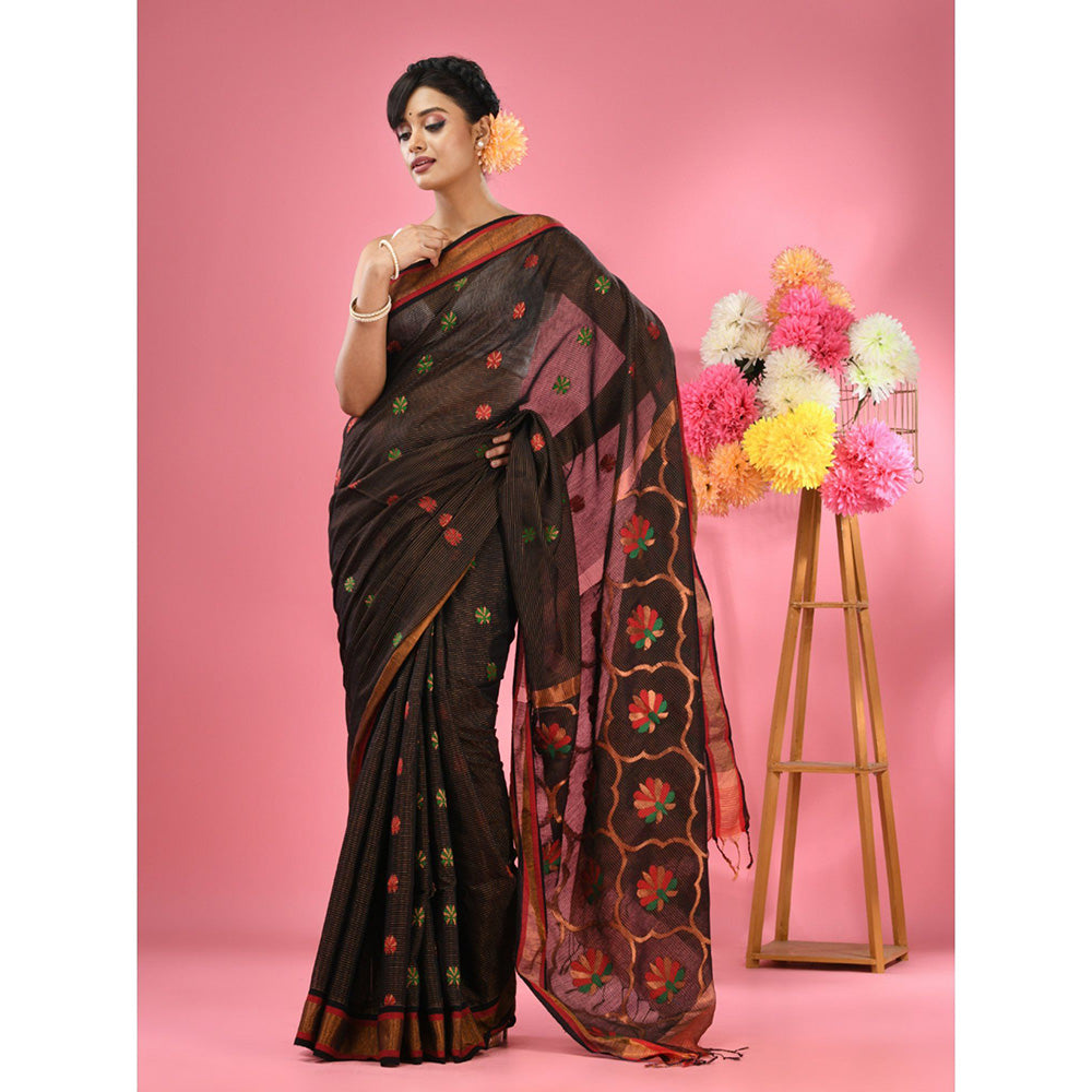 CHARUKRITI Black Cotton Blend Handwoven Floral Motif Saree with Unstitched Blouse