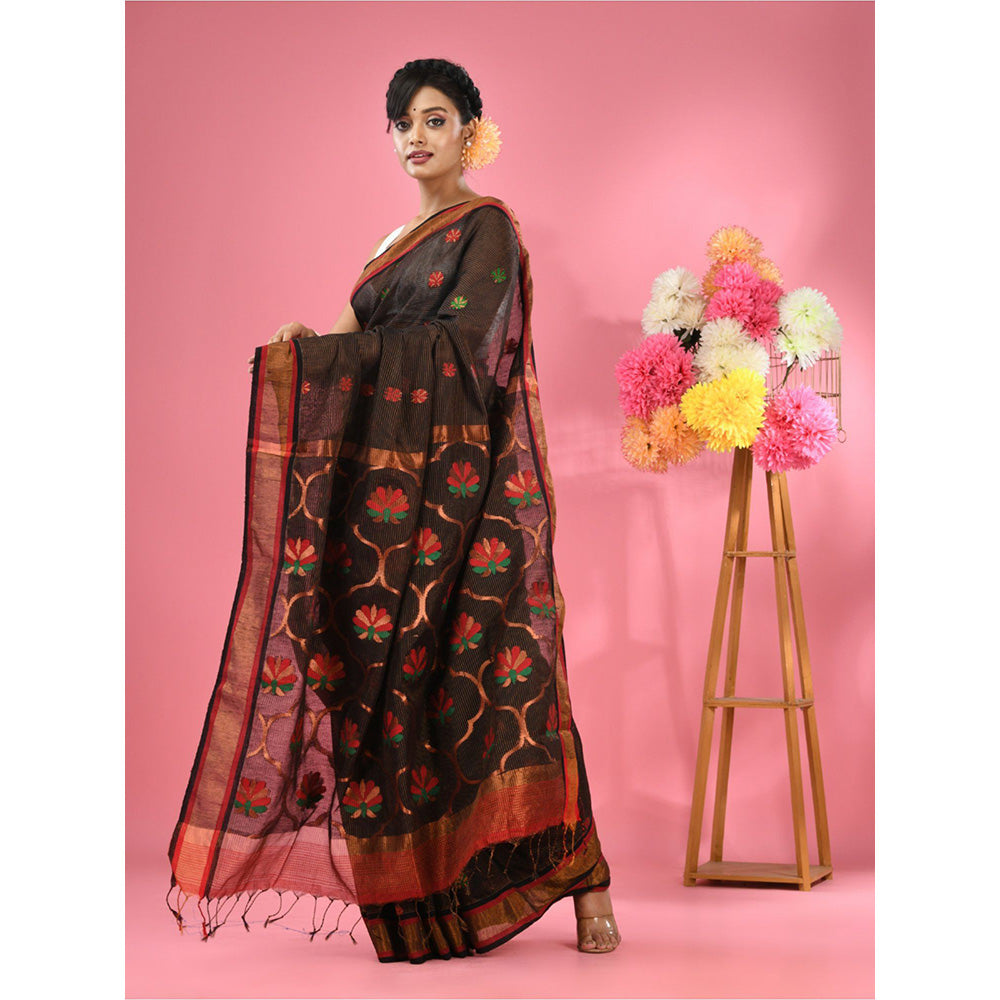 CHARUKRITI Black Cotton Blend Handwoven Floral Motif Saree with Unstitched Blouse