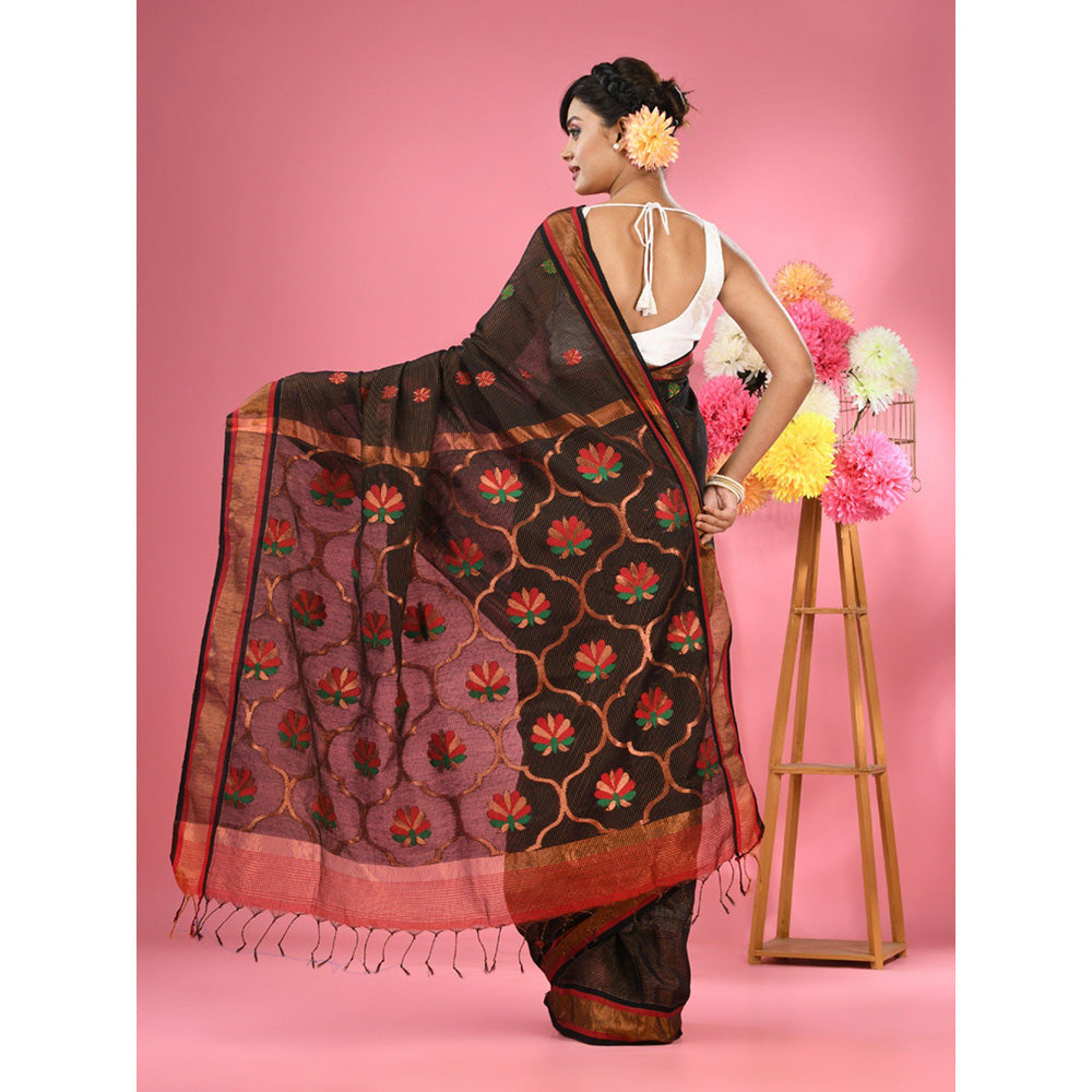 CHARUKRITI Black Cotton Blend Handwoven Floral Motif Saree with Unstitched Blouse