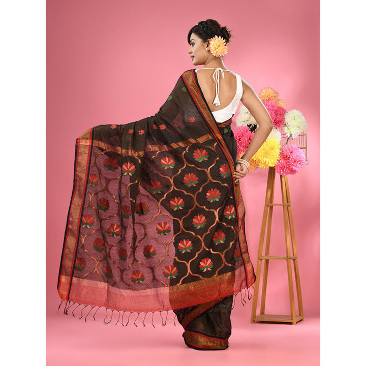 CHARUKRITI Black Cotton Blend Handwoven Floral Motif Saree with Unstitched Blouse