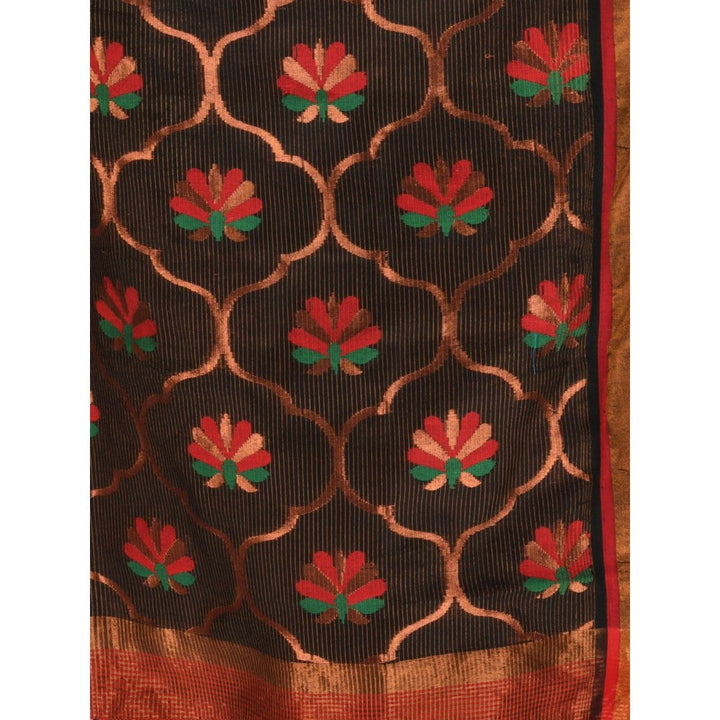 CHARUKRITI Black Cotton Blend Handwoven Floral Motif Saree with Unstitched Blouse