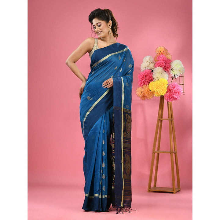 CHARUKRITI Sky Blue Cotton Blend Handwoven Texture Motifs Saree with Unstitched Blouse