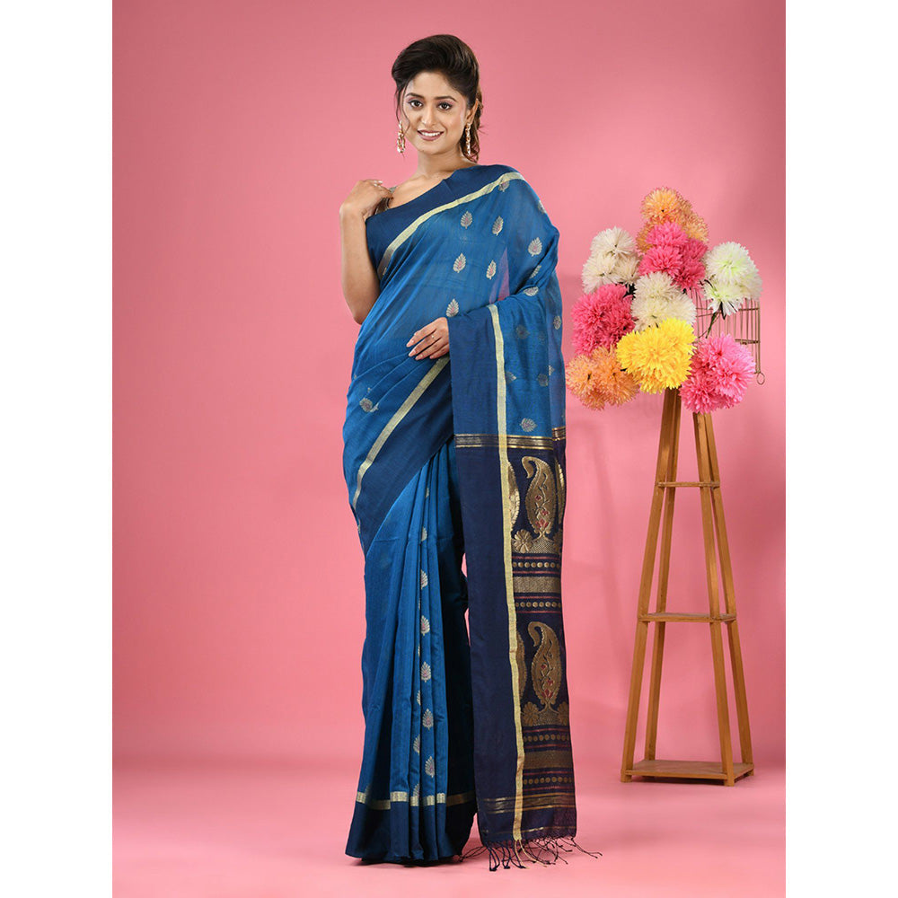 CHARUKRITI Sky Blue Cotton Blend Handwoven Texture Motifs Saree with Unstitched Blouse