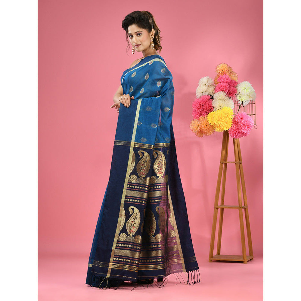 CHARUKRITI Sky Blue Cotton Blend Handwoven Texture Motifs Saree with Unstitched Blouse