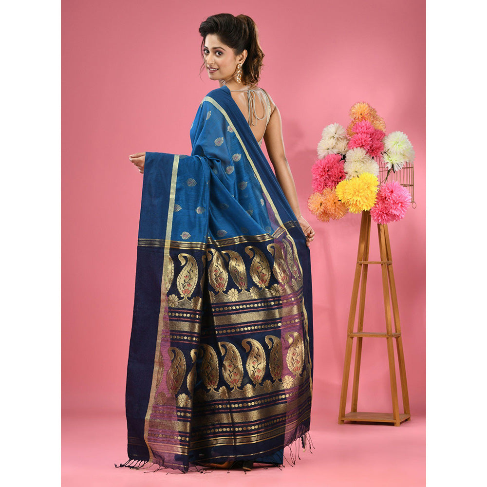 CHARUKRITI Sky Blue Cotton Blend Handwoven Texture Motifs Saree with Unstitched Blouse